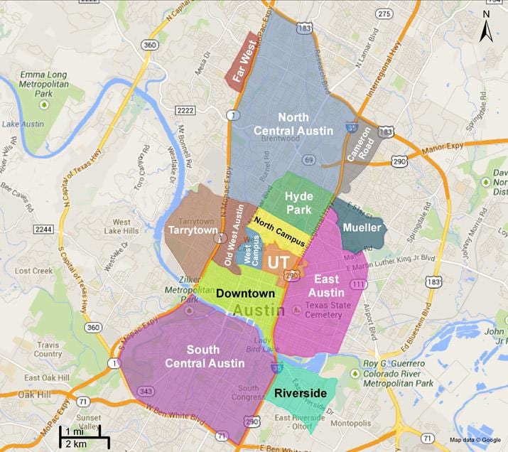 mapa Austin predgrađa